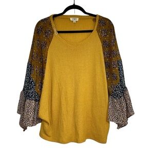 Umgee Floral Mixed Print Ruffled Bell Sleeve Waffle Knit Top Size Medium Yellow